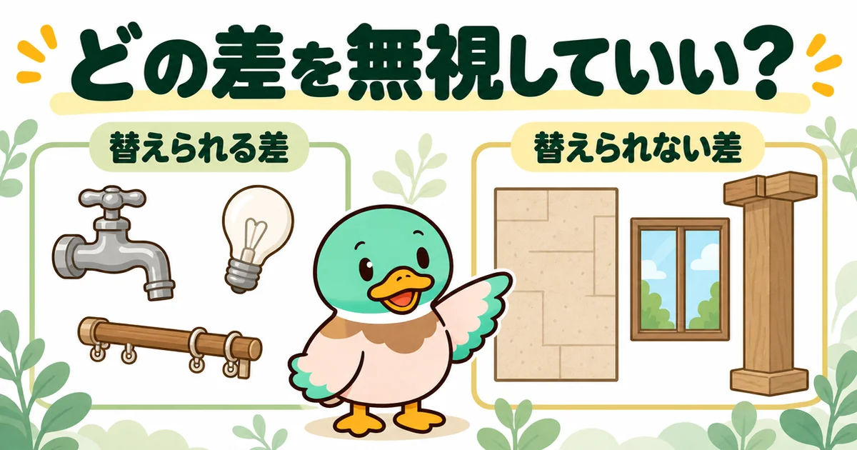 標準仕様の比較表が埋まったあと、替えられる差と替えられない差をふるいにかけて、無視していい差を見分けるあいみつ。