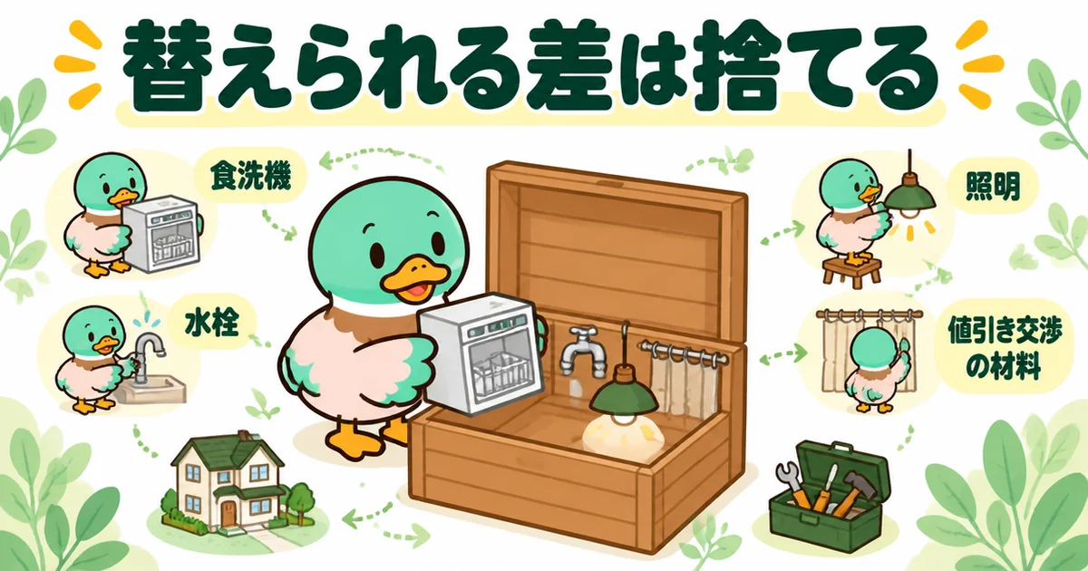 食洗機・水栓・照明など住んでから替えられる差は、標準仕様の比較表では会社選びの決め手にせず箱にしまうあいみつ。