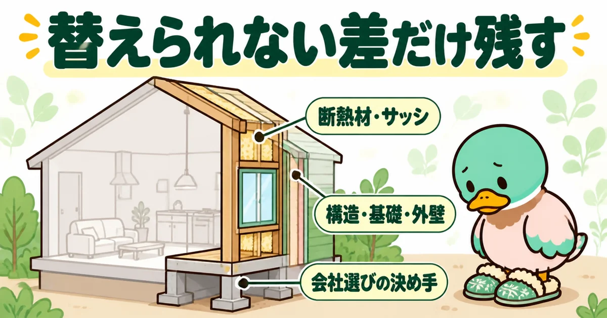 標準仕様の比較表で残すのは、壁を開けないと替えられない断熱材・サッシ・構造・基礎・外壁だけだと示す透視した家の図。