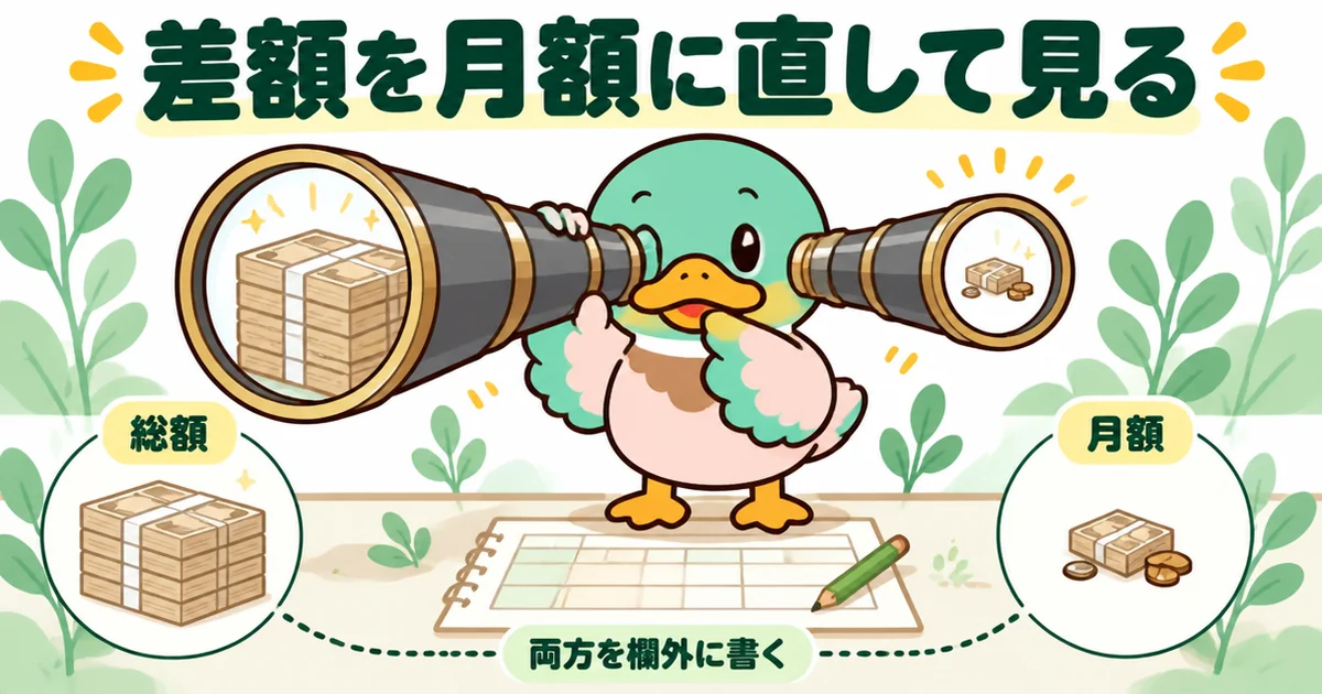 標準仕様の差額は総額だと大きく月額だと小さく見えるため、比較表の欄外に両方を書いて見ることを望遠鏡で表した図。