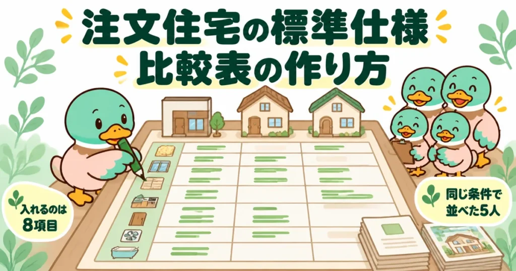 注文住宅の標準仕様を3社ぶんの比較表にして、8項目を自分で書き込むあいみつのイラスト。