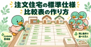 注文住宅の標準仕様を3社ぶんの比較表にして、8項目を自分で書き込むあいみつのイラスト。