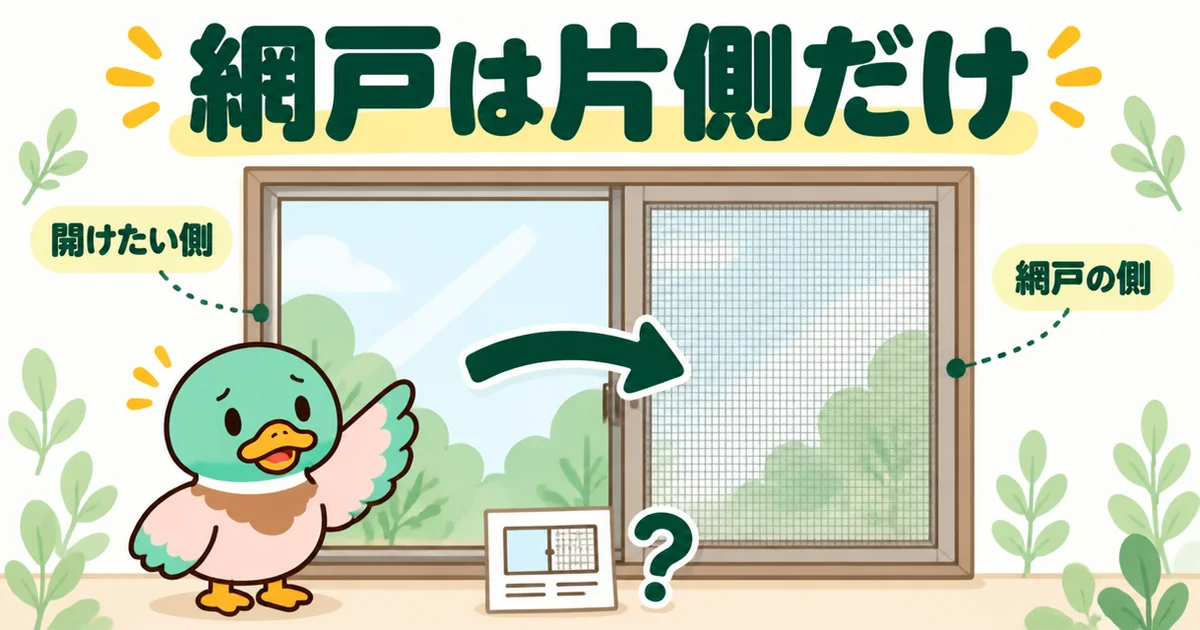 引き違い窓の網戸は左右どちらか片側にしか入らず、開けたい側と逆になることがあると示す図解。