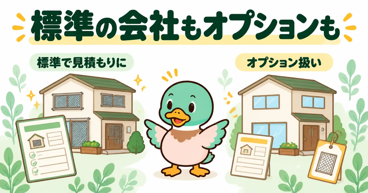 注文住宅の網戸を標準で見積もりに入れる会社と、オプション扱いにする会社の2軒を左右で比べたイラスト。