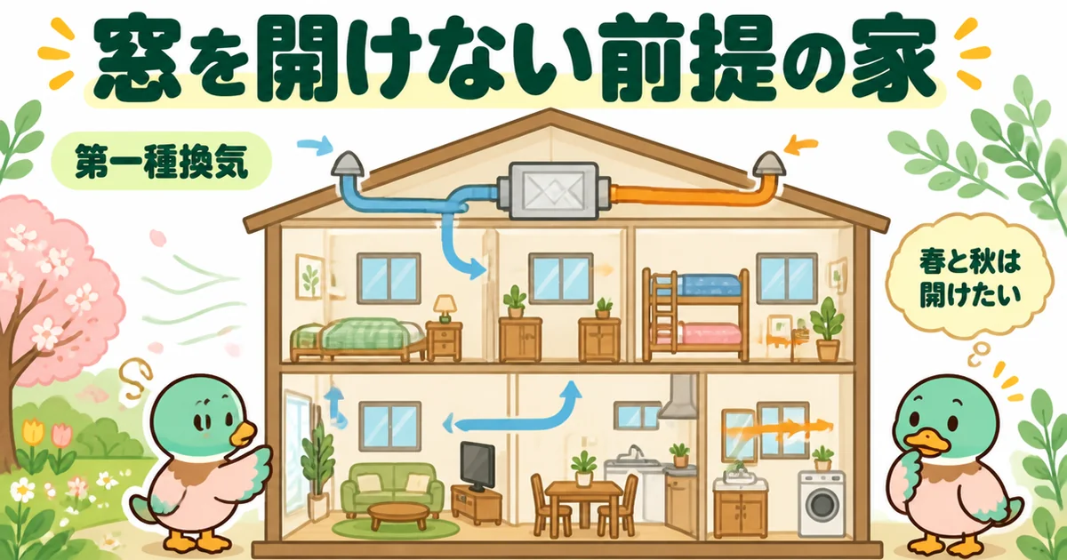 機械で給気と排気をする窓を開けない前提の家では網戸がオプションになりやすいことを示す、家の断面と窓辺のあいみつのイラスト。
