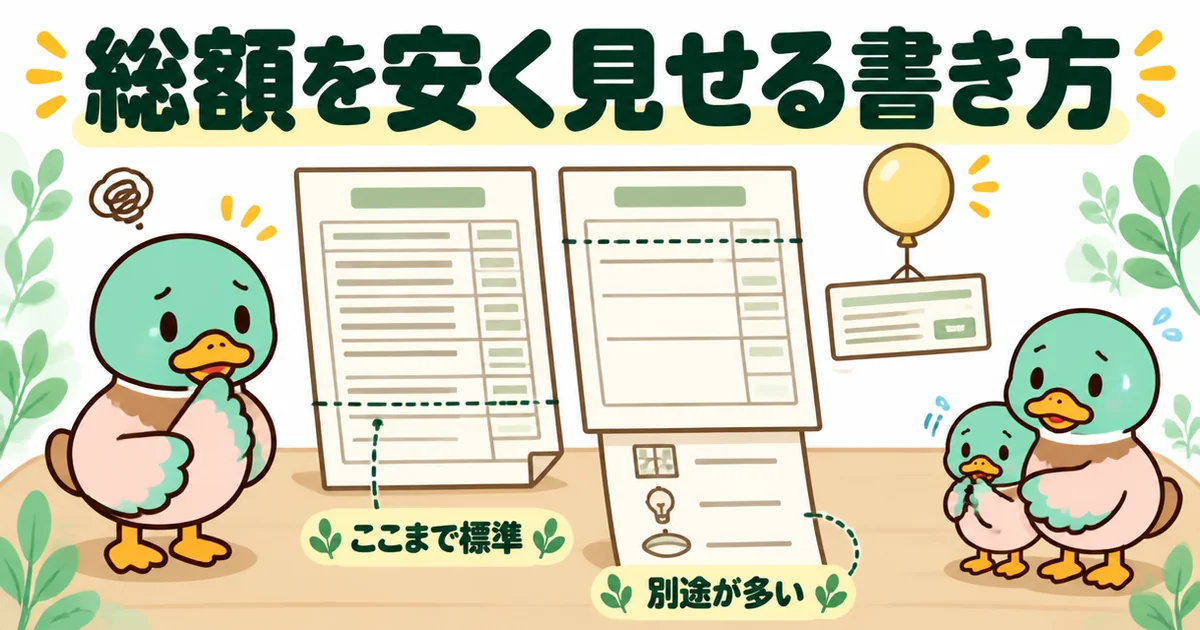 網戸などを別途にすると総額が安く見えることを、標準の線引きが違う2枚の見積書で示したイラスト。