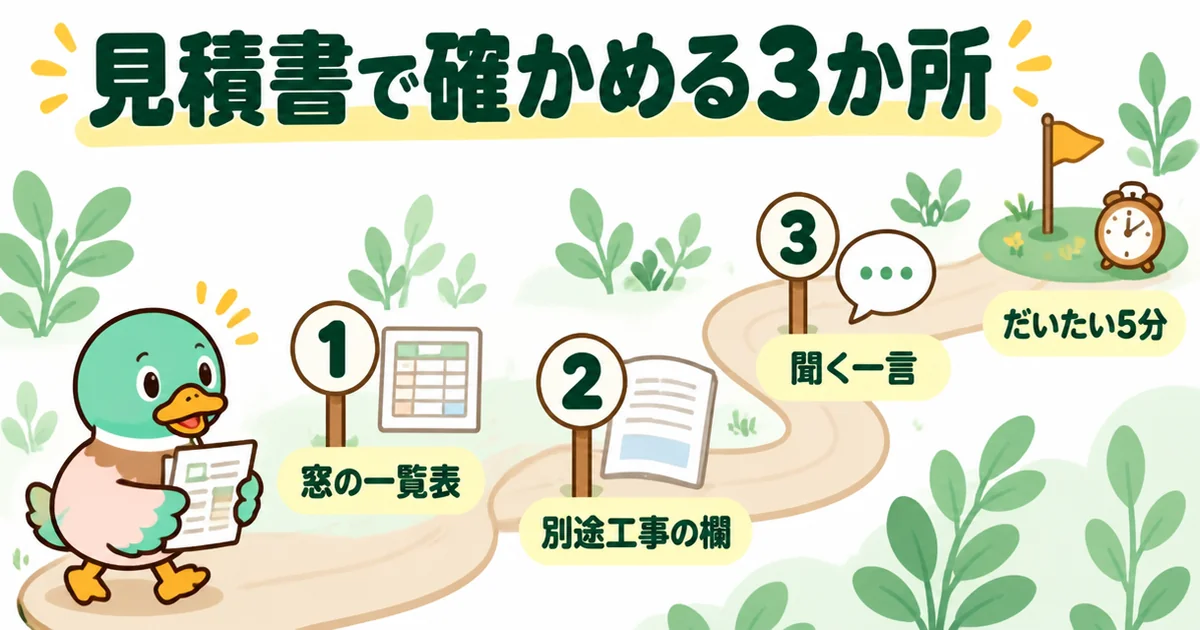 注文住宅の網戸が標準かオプションかを見積書で確かめる3か所を、番号つきの道で示したイラスト。