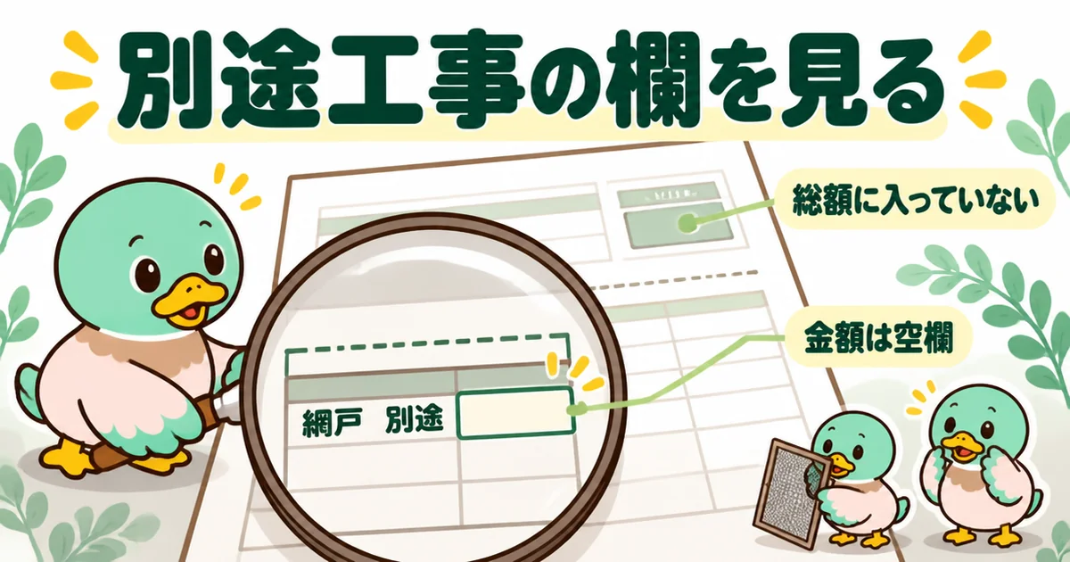 見積書の別途工事の欄に網戸の行があり、金額が空欄で総額に入っていないことを虫めがねで見つけるあいみつのイラスト。