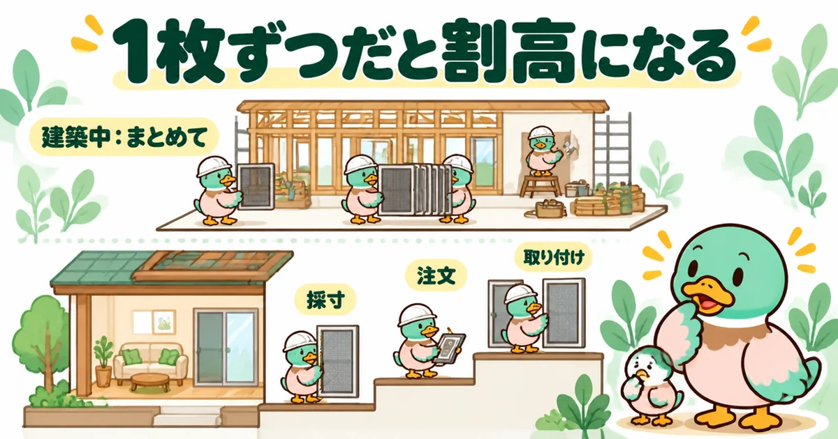 網戸は建築中ならまとめて付けられるが、住んだあとは採寸・注文・取り付けが1枚ごとに立ち割高になることを示すイラスト。