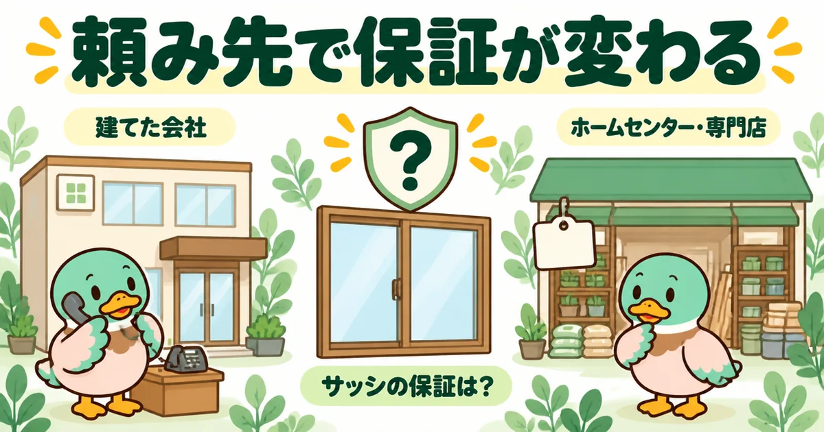 網戸の後付けを建てた会社に頼むかホームセンターや専門店に頼むかで、サッシの保証が変わりうることを示すイラスト。