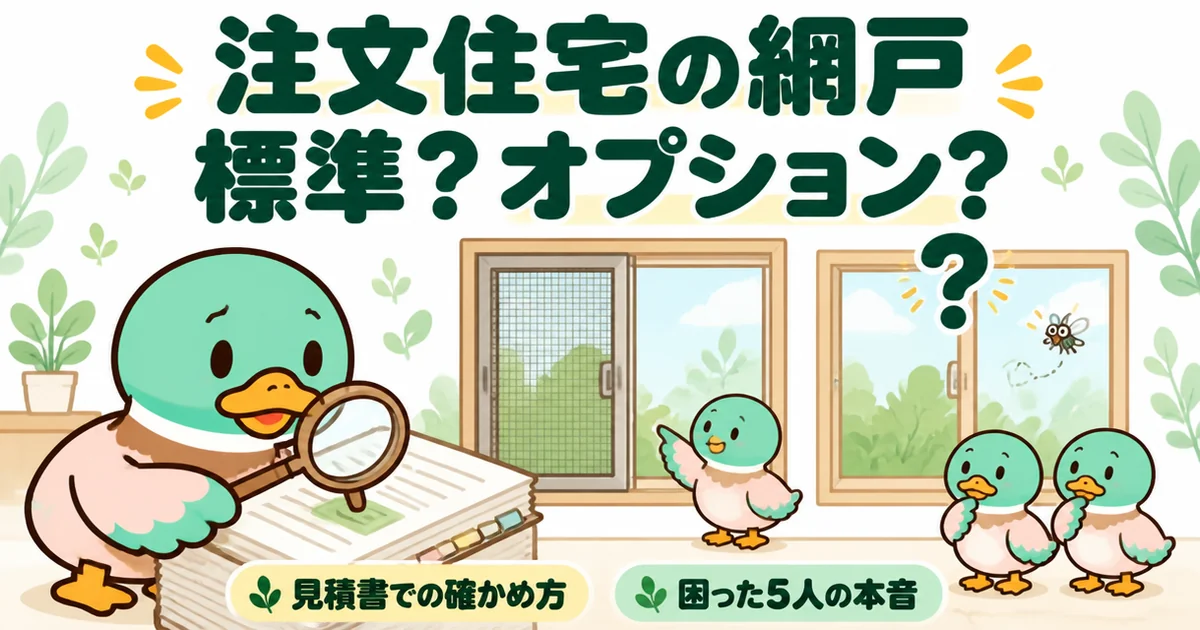 注文住宅の網戸は標準かオプションかを、仕様書を虫めがねで確かめるあいみつと、網戸のある窓・ない窓で表したイラスト。