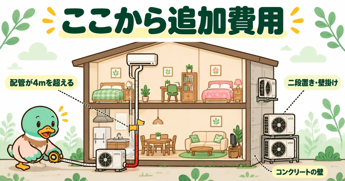 エアコンの施主支給で、配管が4mを超える・室外機の二段置きや壁掛けなどが追加費用になることを示した2階建ての家の断面図。