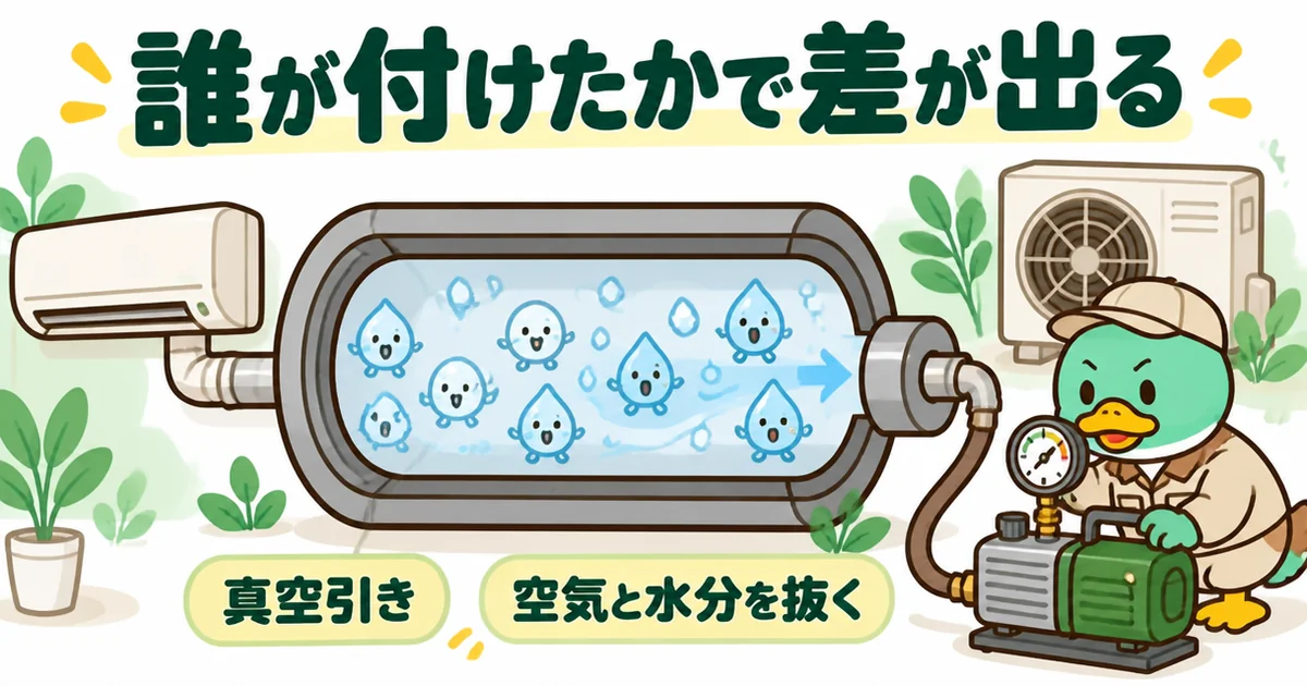 エアコンの取り付けで配管の中の空気と水分を抜く真空引きを拡大して描き、施主支給では誰が付けるかで差が出ることを示した図解。