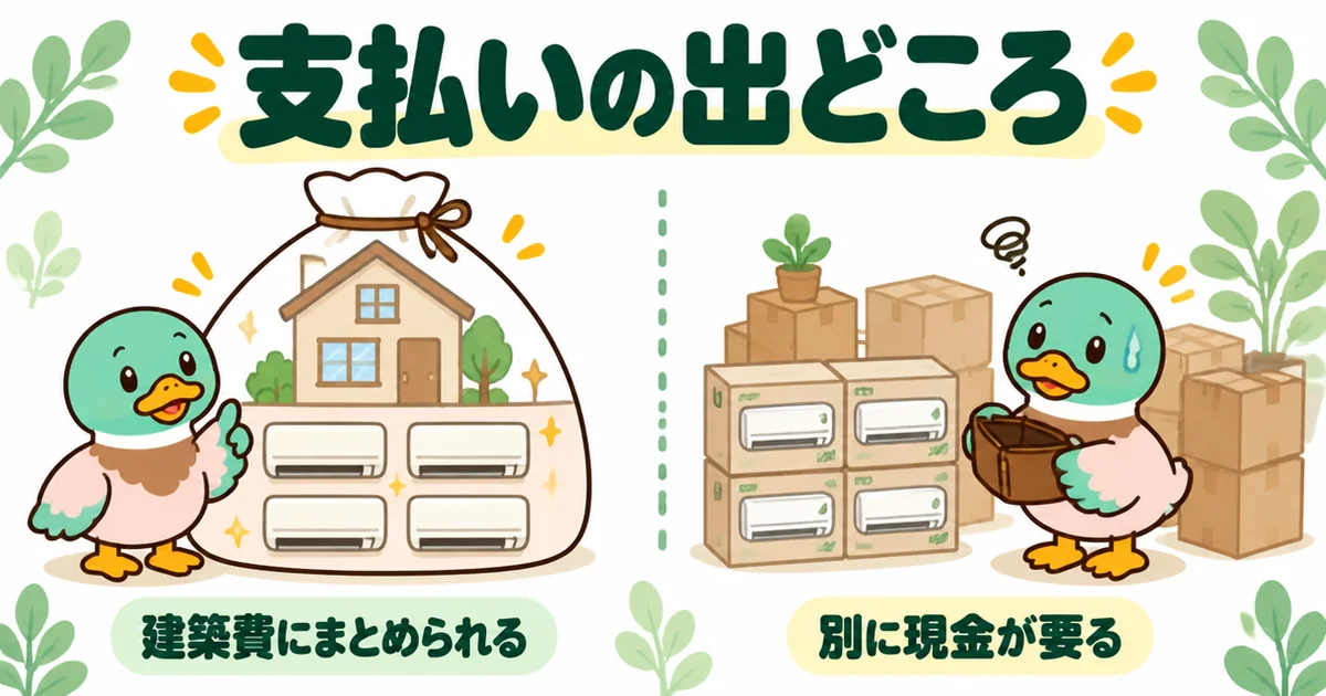 エアコンを住宅会社に一括で頼むと建築費にまとめられ、施主支給だと別に現金が要ることを左右で比べた図解。