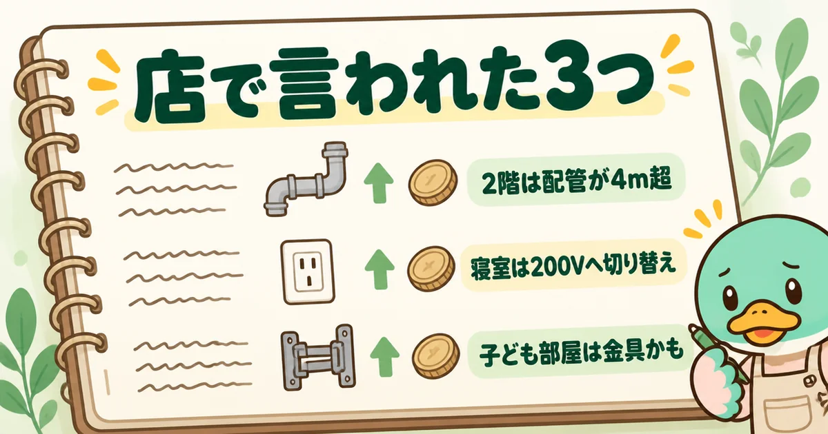 エアコンの施主支給で、2階の配管が4m超・寝室の200V切り替え・子ども部屋の金具と量販店で言われた追加工事をメモ帳に描いた図解。