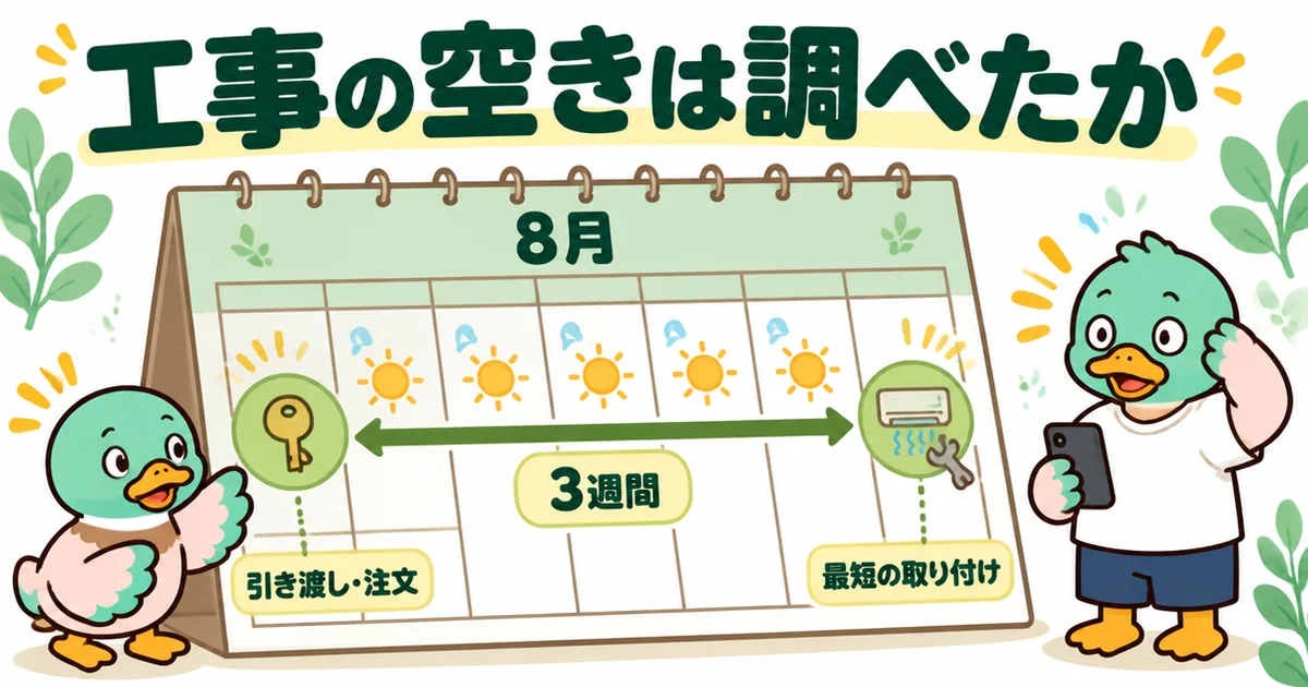 8月上旬の引き渡しからエアコンの取り付けまで3週間あいたことをカレンダーで示した、施主支給の体験談の図解。