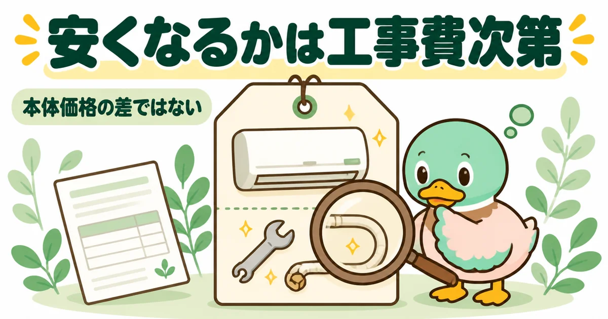 エアコンの施主支給で安くなるかは工事費の範囲で決まることを、値札の工事部分を虫めがねで見るあいみつで示した図。