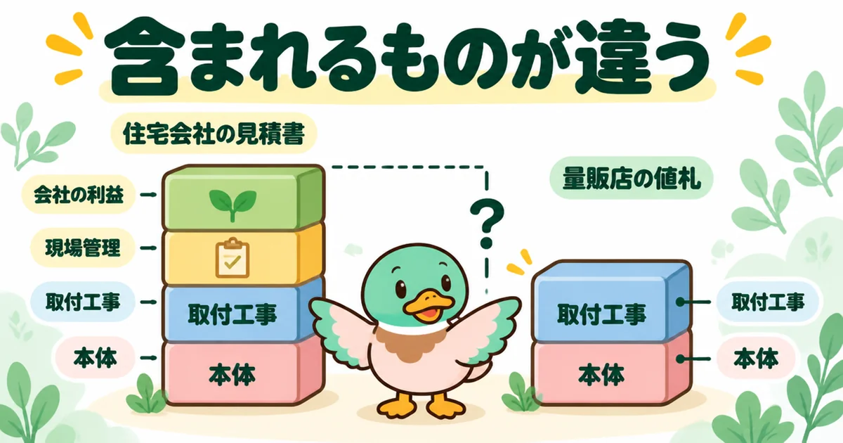住宅会社の見積書と量販店の値札では含まれるものが違うことを、4段と2段の積み木で比べたエアコン施主支給の図解。