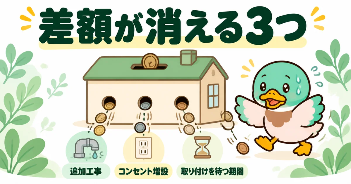 エアコンの施主支給で浮いた差額が、追加工事・コンセント増設・取り付けを待つ期間の3つで消える様子を貯金箱の穴で表した図。