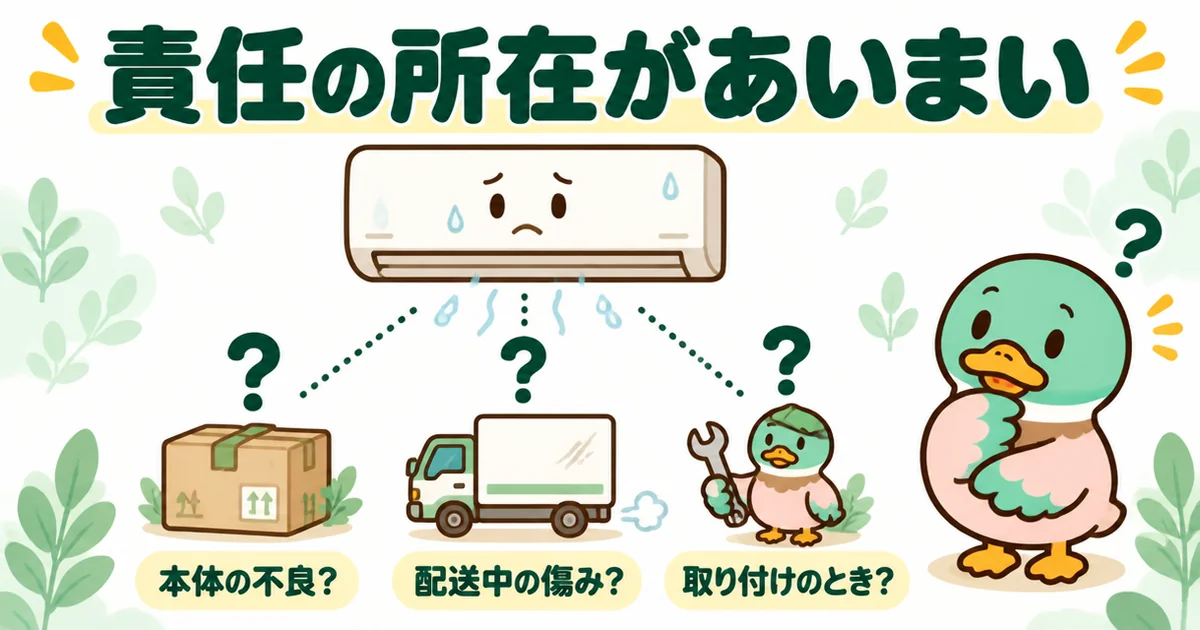 施主支給のエアコンが冷えないとき、本体の不良か配送中の傷みか取り付けかを切り分けられないことを示す3択の図。