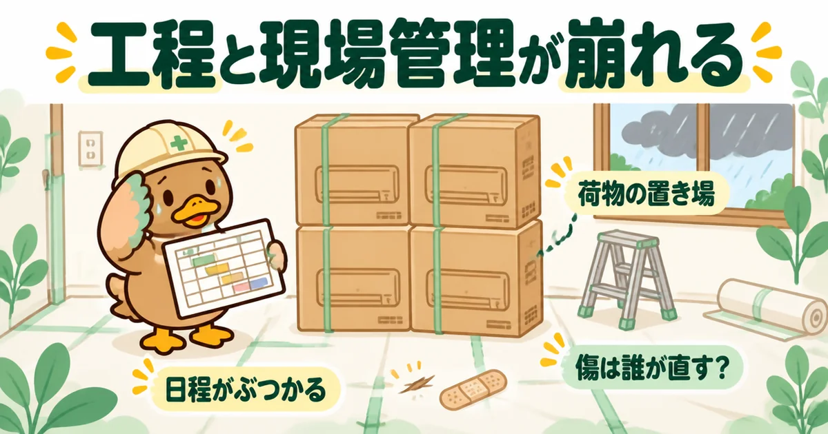 エアコンの施主支給で、引き渡し前の現場に箱が4つ届き、傷・置き場・日程で現場監督のカモが困っている場面のイラスト。
