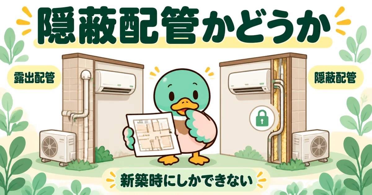 エアコンの施主支給の可否を分ける露出配管と隠蔽配管の違いを、壁の断面2つと図面を見るあいみつで示した図解。