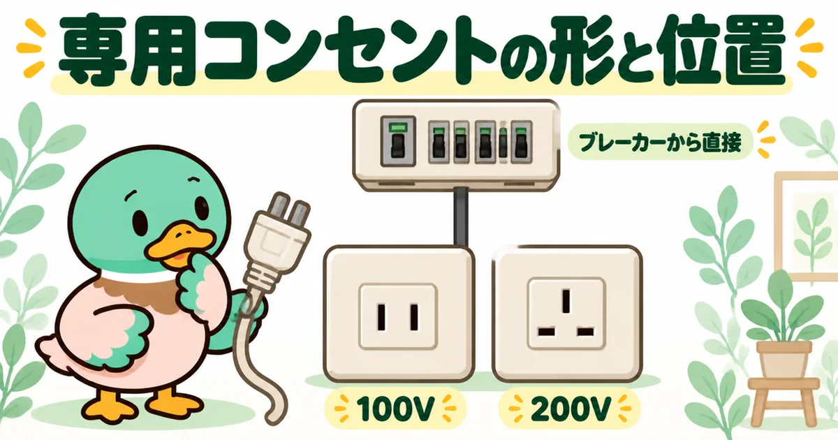 エアコンの専用コンセントは100Vと200Vで形が違い、ブレーカーから直接つながることを示した施主支給の確認図。
