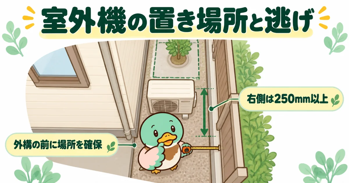 エアコンの室外機は右側に250mm以上の空きが推奨されることを、家と隣地の間を真上から見た図で示した施主支給の確認ポイント。