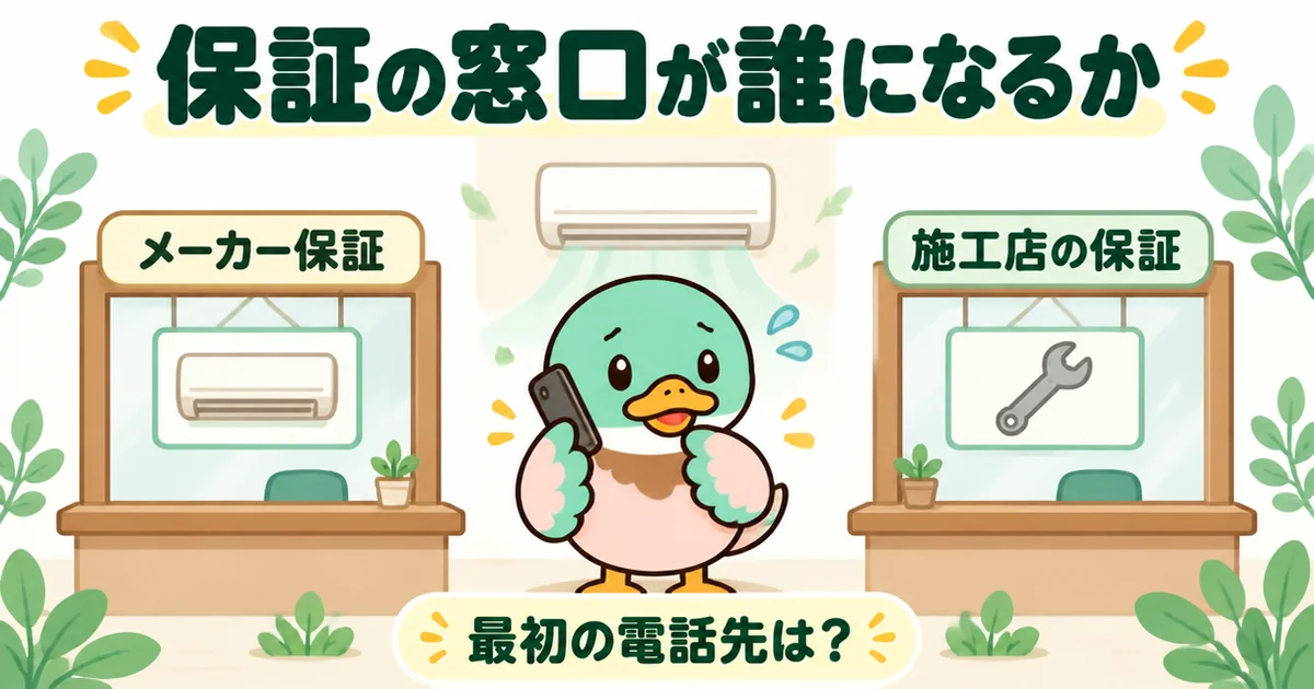 施主支給のエアコンはメーカー保証と施工店の保証が別で、冷えないとき最初の電話先に迷うあいみつを描いた図。