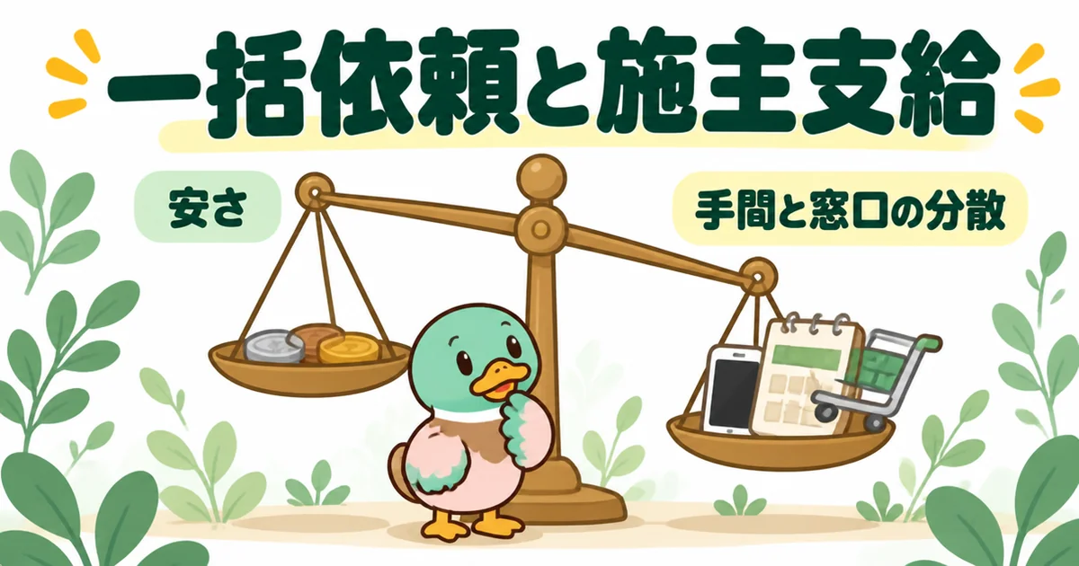 住宅会社への一括依頼とエアコンの施主支給の違いを、安さと手間・窓口の分散を載せた天びんで表したイラスト。