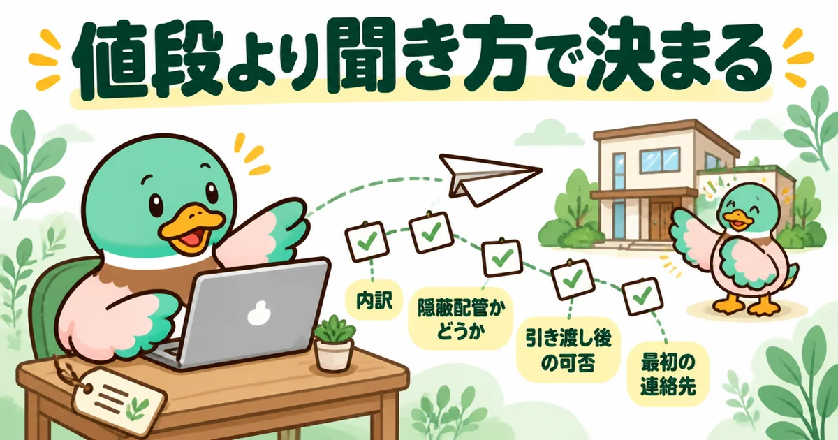 エアコンの施主支給は値段より聞き方で決まることを、4つの確認を載せたメールを担当へ送るあいみつで表したまとめの図。