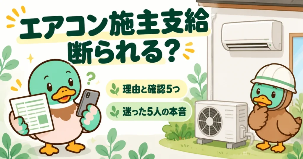 エアコンの施主支給は断られるのかを、見積書とスマホを見比べて考えるあいみつと新築の壁のエアコンで表したイラスト。