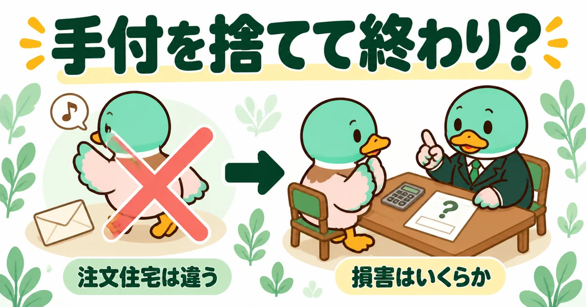 注文住宅では手付を捨てれば終わりではなく、契約金から差し引く損害はいくらかの話し合いになることを2コマで示した図解。
