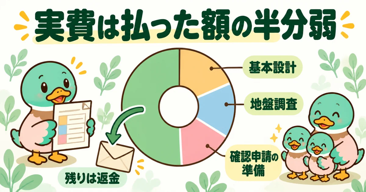 契約時に払った金額のうち、基本設計・地盤調査・確認申請の準備の実費が半分弱で、残りの契約金が返ってくることを示すドーナツグラフの図解。