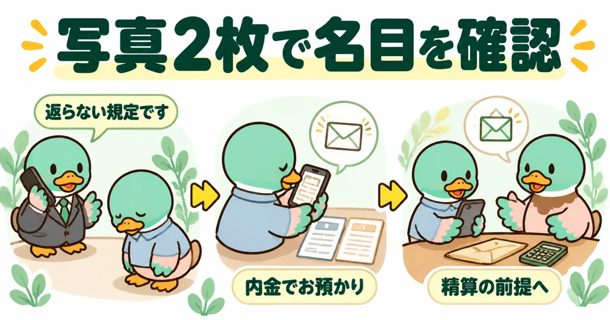 手付金は返らないと言われたあと、領収書と契約書の写真2枚で名目を確認し、契約金が精算の前提に変わった流れを3コマで示した図解。