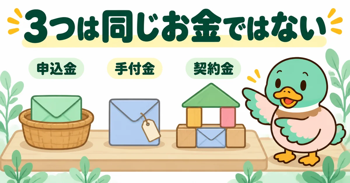 申込金・手付金・契約金は同じお金ではないことを、かご・値札・積み木に置かれた3つの封筒で示すあいみつのイラスト。