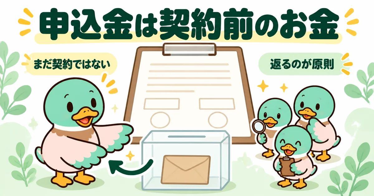 契約書にサインする前に預けた申込金は、契約金と違い返ってくるのが原則だと示す、預かり箱と戻る矢印のイラスト。