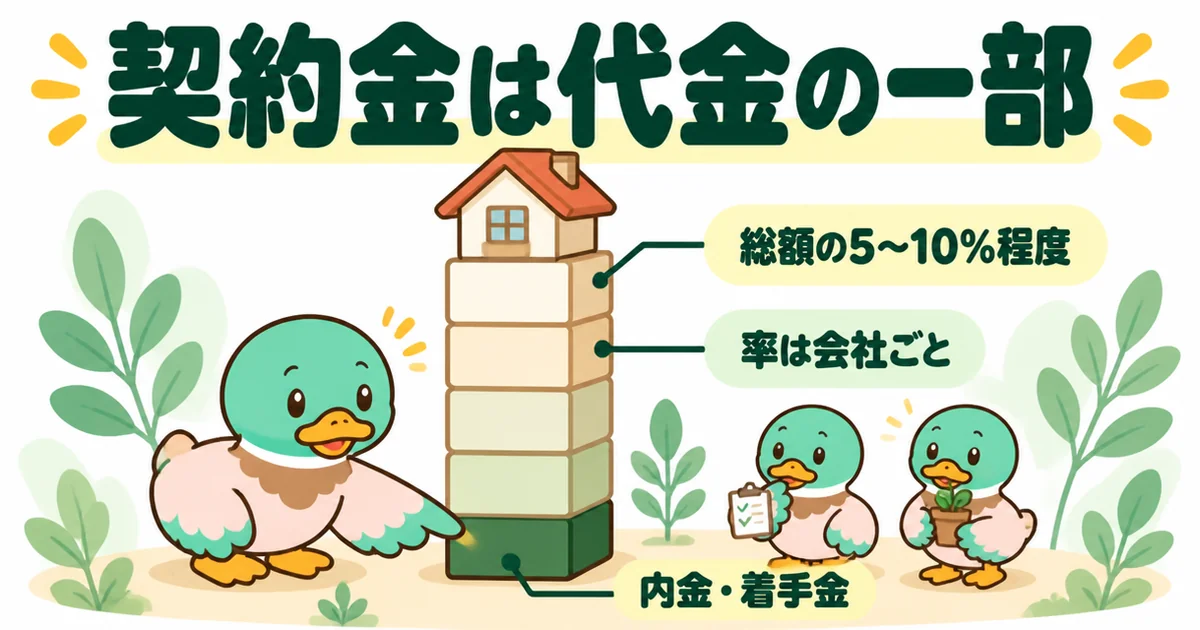注文住宅の契約金は工事代金の一部で、総額の5〜10%程度を契約時に前払いする例が多いことを積み木の柱で示すイラスト。