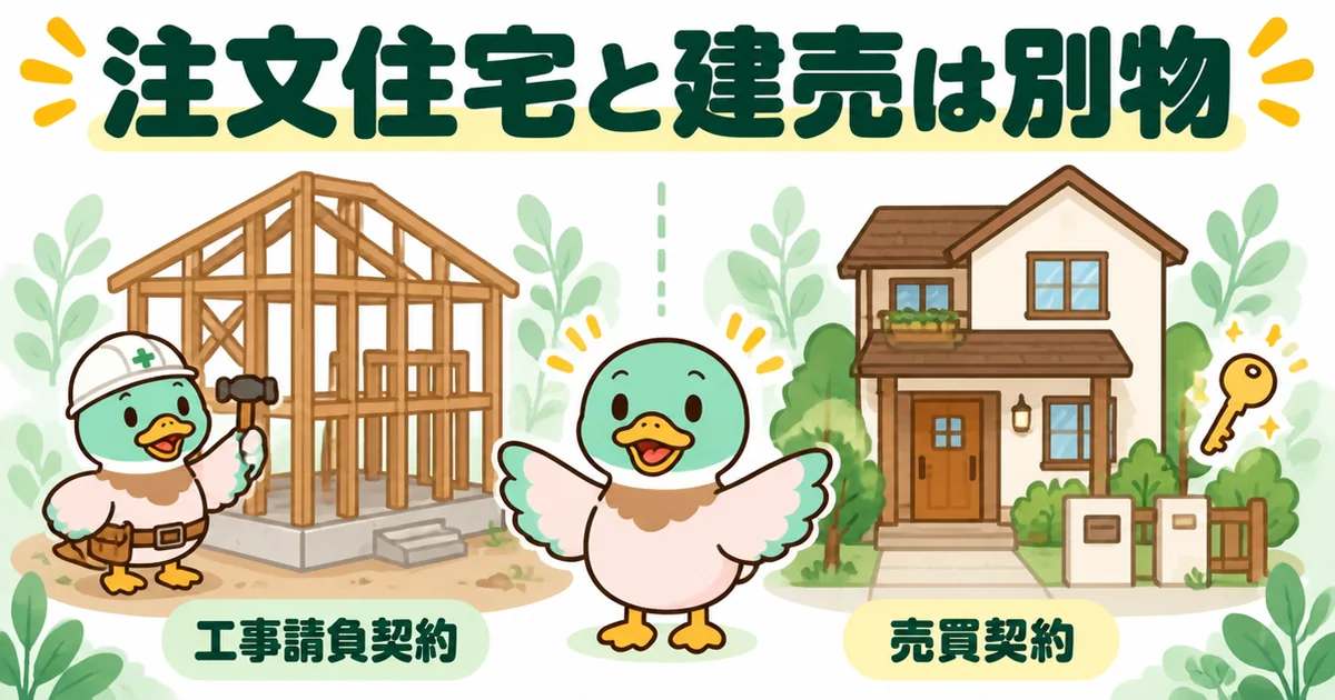 ハウスメーカーの注文住宅は工事請負契約、建売は売買契約で、契約金の扱いが別物だと左右で比べたイラスト。