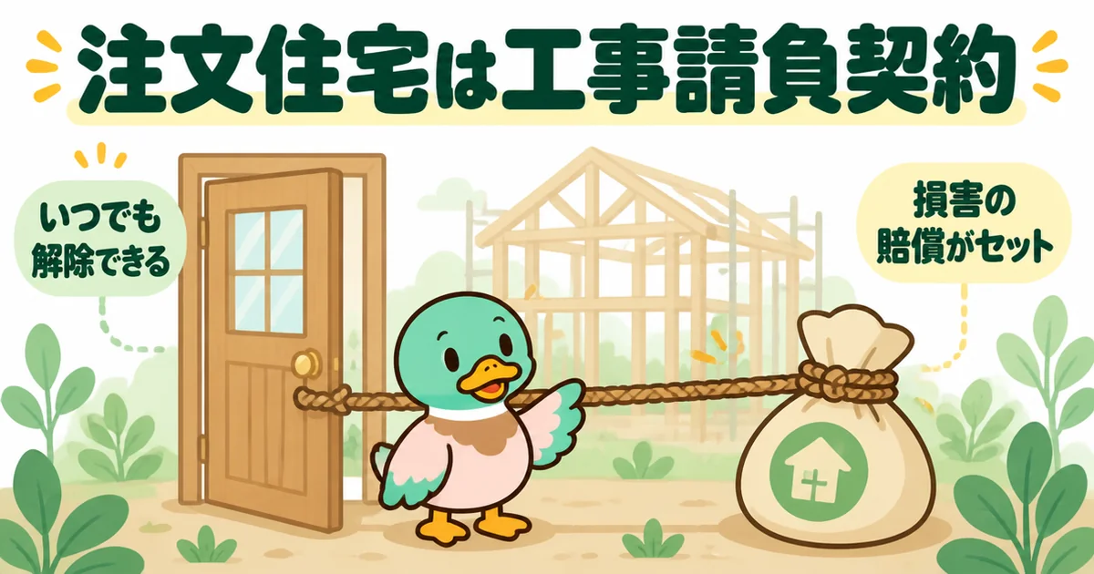 注文住宅の工事請負契約は完成前ならいつでも解除できるが損害の賠償がセットになることを、ドアとお金の袋を結ぶロープで示すイラスト。