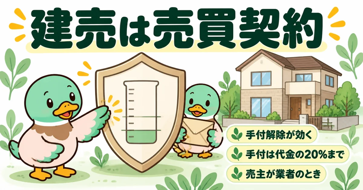 建売などの売買契約では手付解除が効き、売主が業者なら手付は代金の20%までと定められていることを盾と家で示すイラスト。