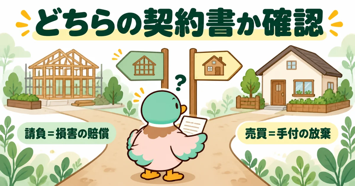 契約金が返ってくるかは請負と売買のどちらの契約書にサインしたかで変わることを、分かれ道の前に立つあいみつで示すイラスト。