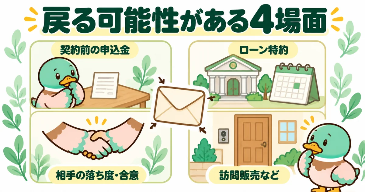 ハウスメーカーに払った契約金が返ってくる可能性がある4つの場面を、4枚のパネルと封筒で並べたイラスト。