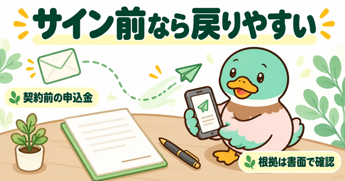 契約書にまだサインしていない段階の申込金は返ってくる可能性が高いことを、空白の署名欄と取り下げのメールで示すイラスト。