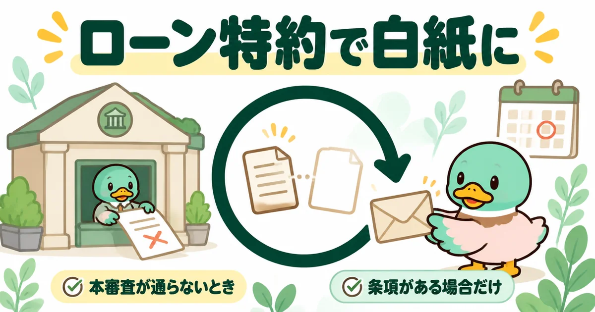 住宅ローンの本審査が通らないとき、ローン特約があれば契約が白紙に戻り契約金が返ってくる流れを巻き戻しの矢印で示すイラスト。