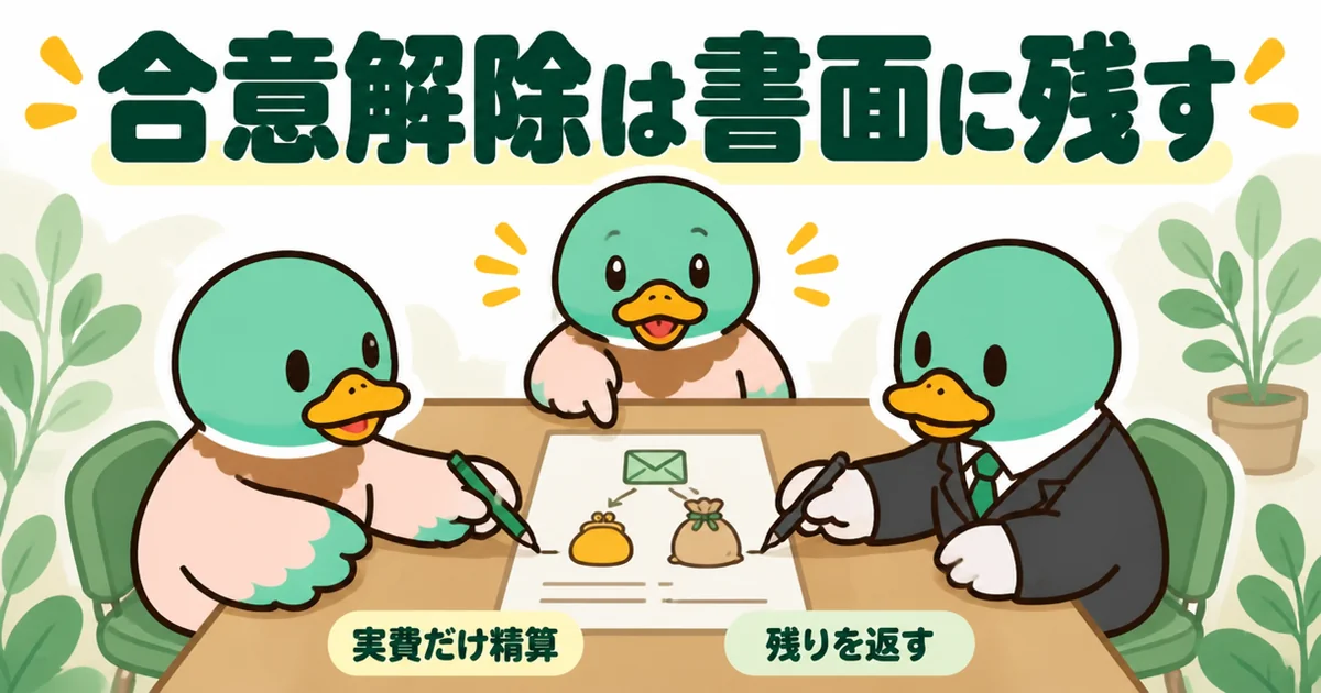合意解除では実費だけ精算して契約金の残りが返ってくることがあり、内容は書面に残すと示すテーブルの場面のイラスト。