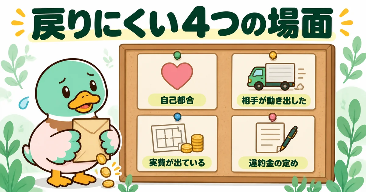 契約金が返ってくるとはかぎらず、戻りにくい・差し引かれる4つの場面を掲示板の札で示すあいみつのイラスト。
