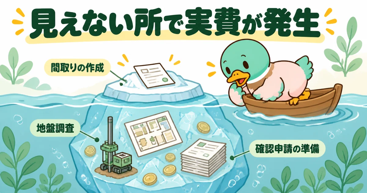 契約後は間取りの作成・地盤調査・確認申請の準備で実費が動き、契約金から差し引かれることを氷山で示すイラスト。