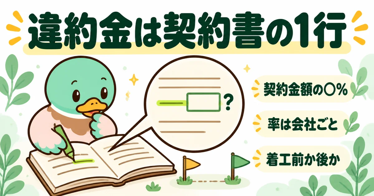 違約金は契約金額の何%かが契約書の1行に書かれ、率は会社ごとに違うことを蛍光ペンと空欄で示すあいみつのイラスト。