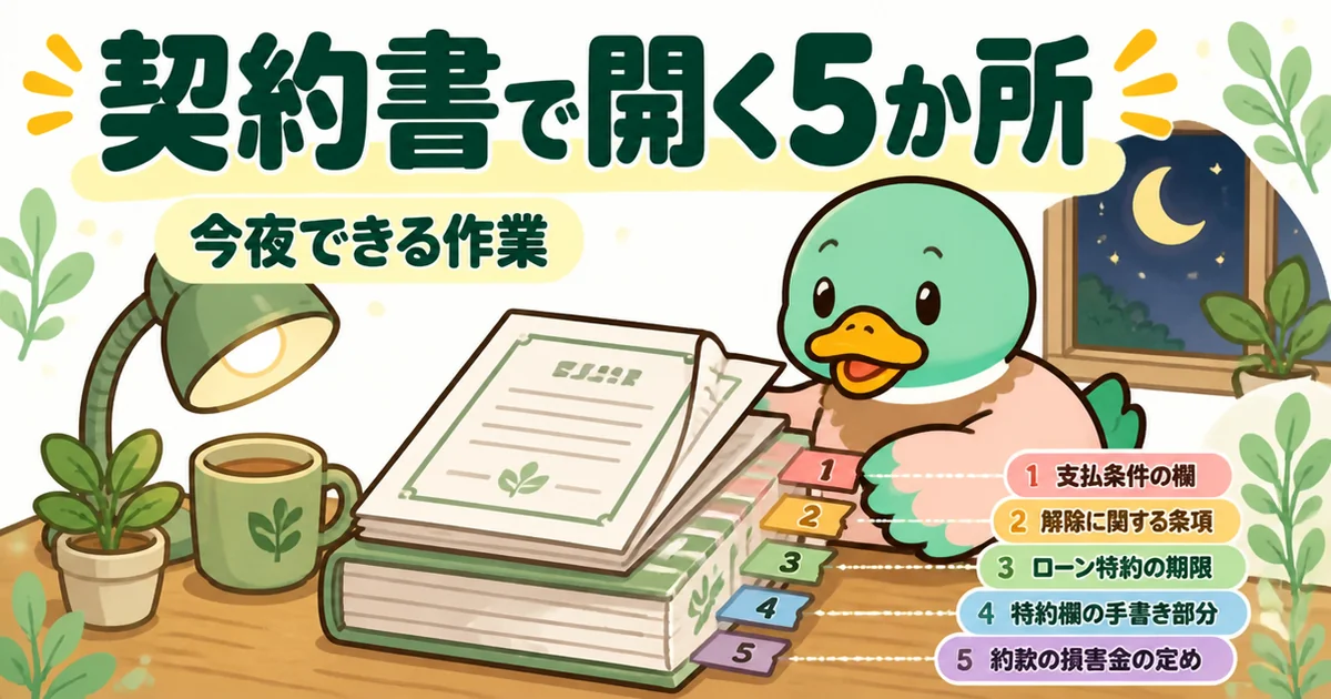 契約金が返ってくるかを確かめるために契約書と約款で開く5か所を、番号つきの付せん5枚で示す夜の机のイラスト。